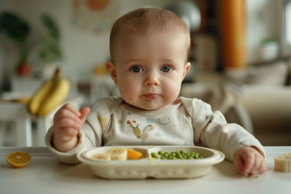 A baby is sitting at a table photography banana eating.