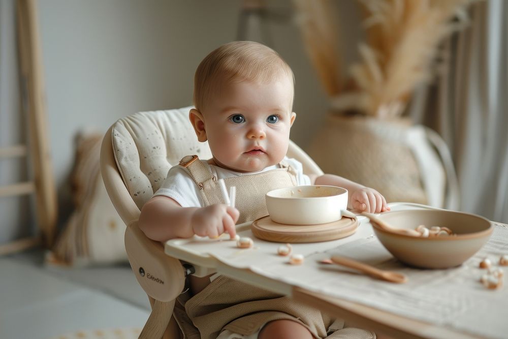 A baby sitting on a high chair bowl food cutlery.