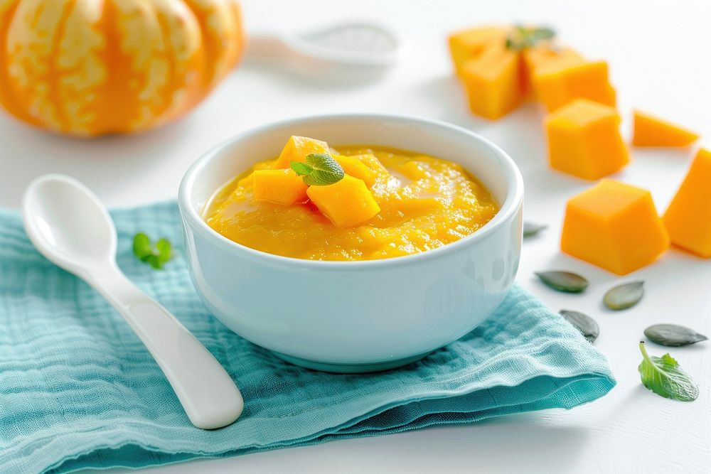 Baby food pumpkin spoon bowl.