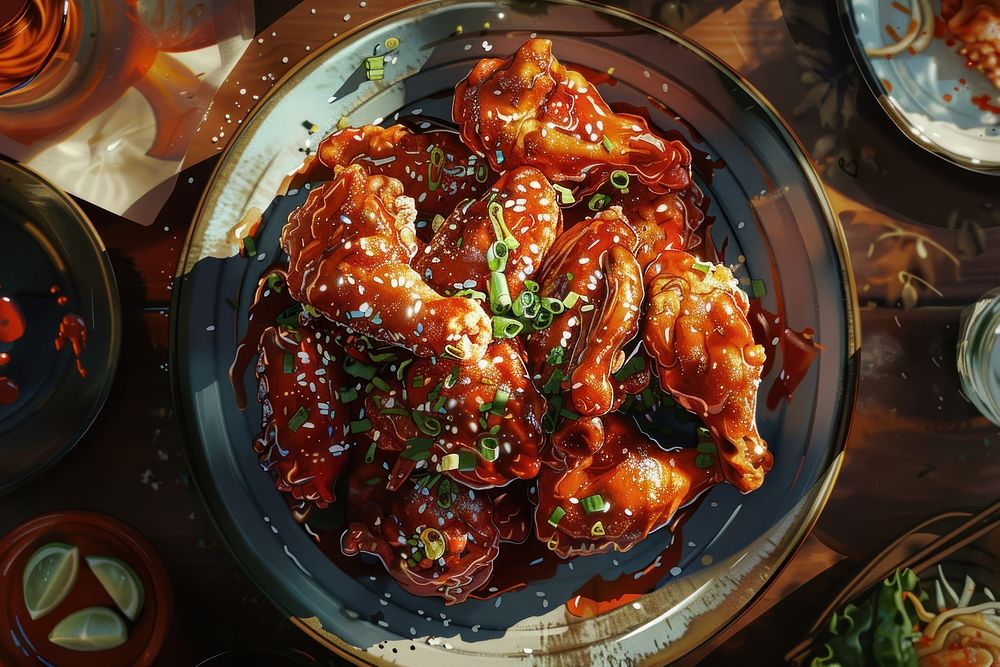 Korean fried chicken mutton plate food.