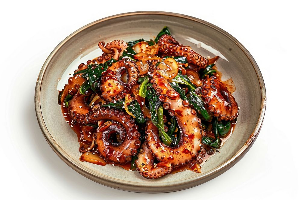 Korean stir fried octopus invertebrate platter animal.