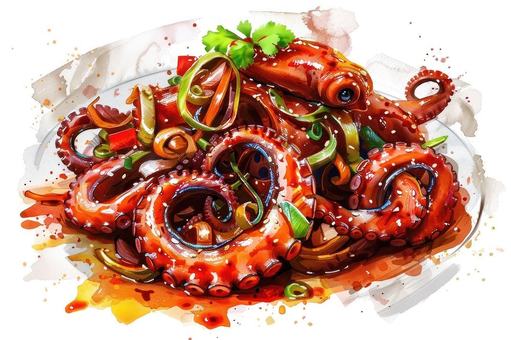 Korean stir fried octopus invertebrate dessert animal.