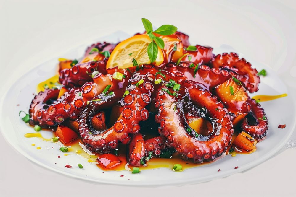 Korean stir fried octopus invertebrate animal plate.