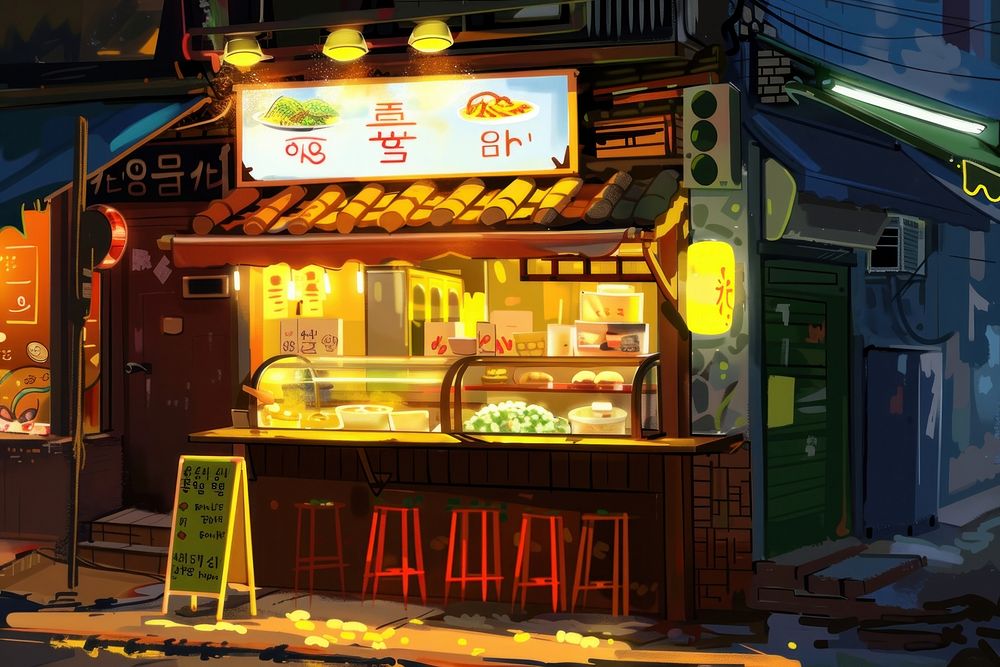 Korean street food restaurant indoors kiosk urban.