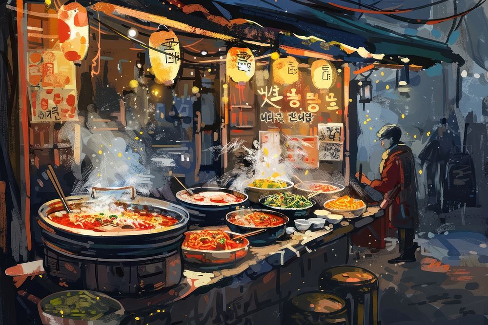 Korean street food restaurant cafeteria indoors person.