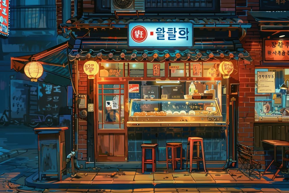 Korean street food restaurant transportation furniture bicycle.