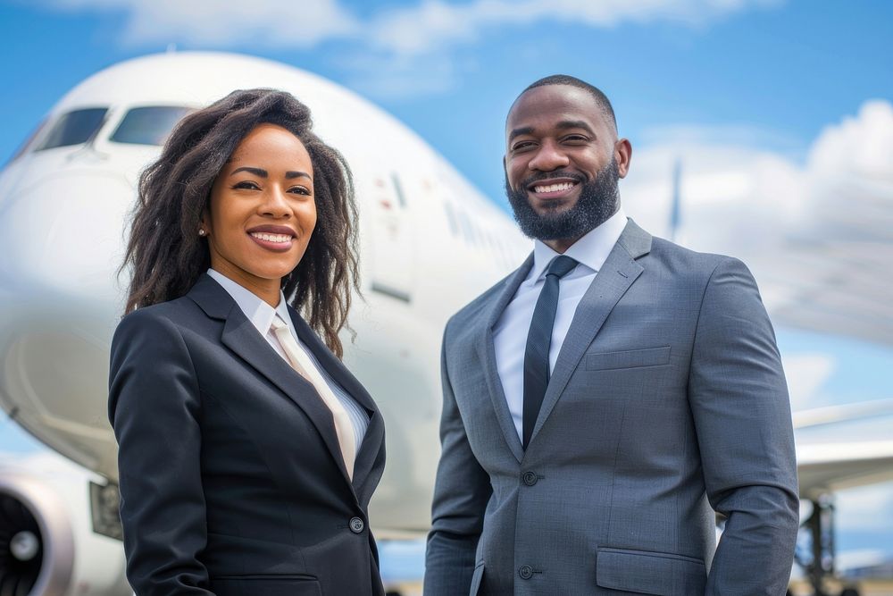 Two diversity business travel at plane background accessories accessory clothing.