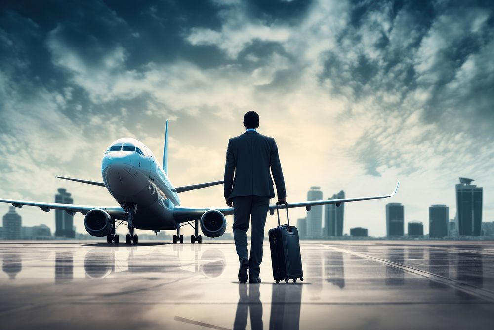 Business travel at plane background transportation aircraft airplane.