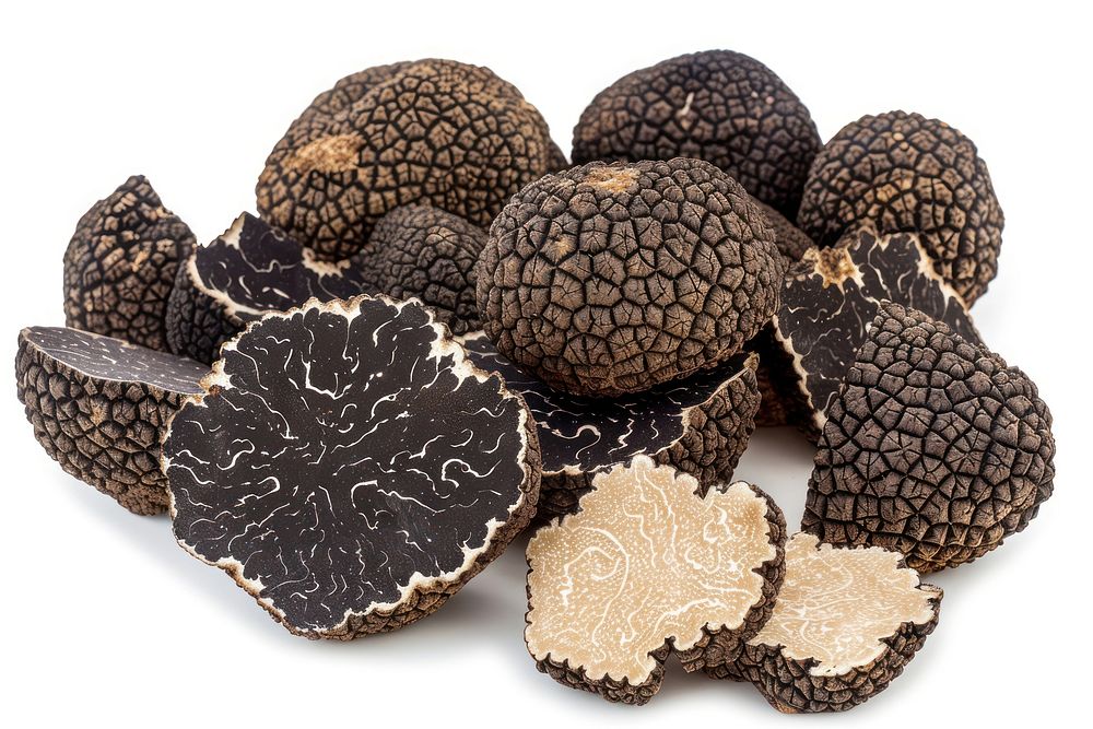 Black truffles full piece and half piece mushroom reptile produce.