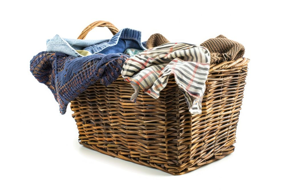 Clothes in wooden basket.