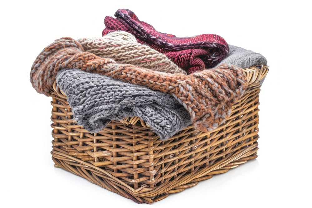 Clothes in wooden basket clothing apparel scarf.