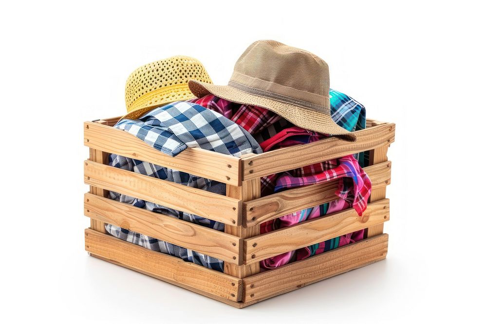 Clothes in wooden basket furniture clothing apparel.