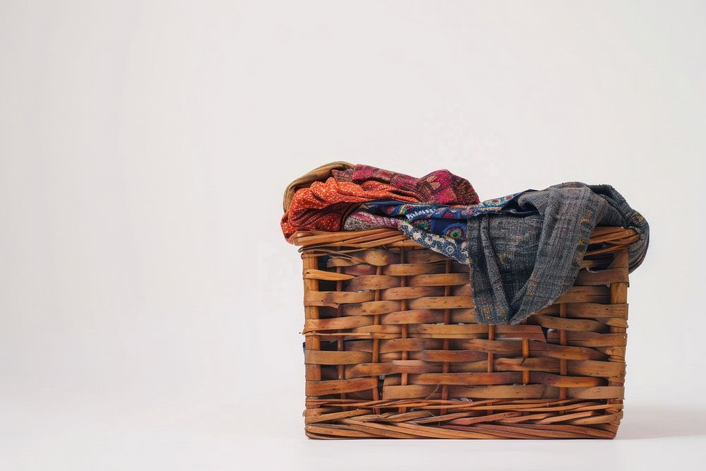 Clothes in wooden basket recreation furniture picnic.