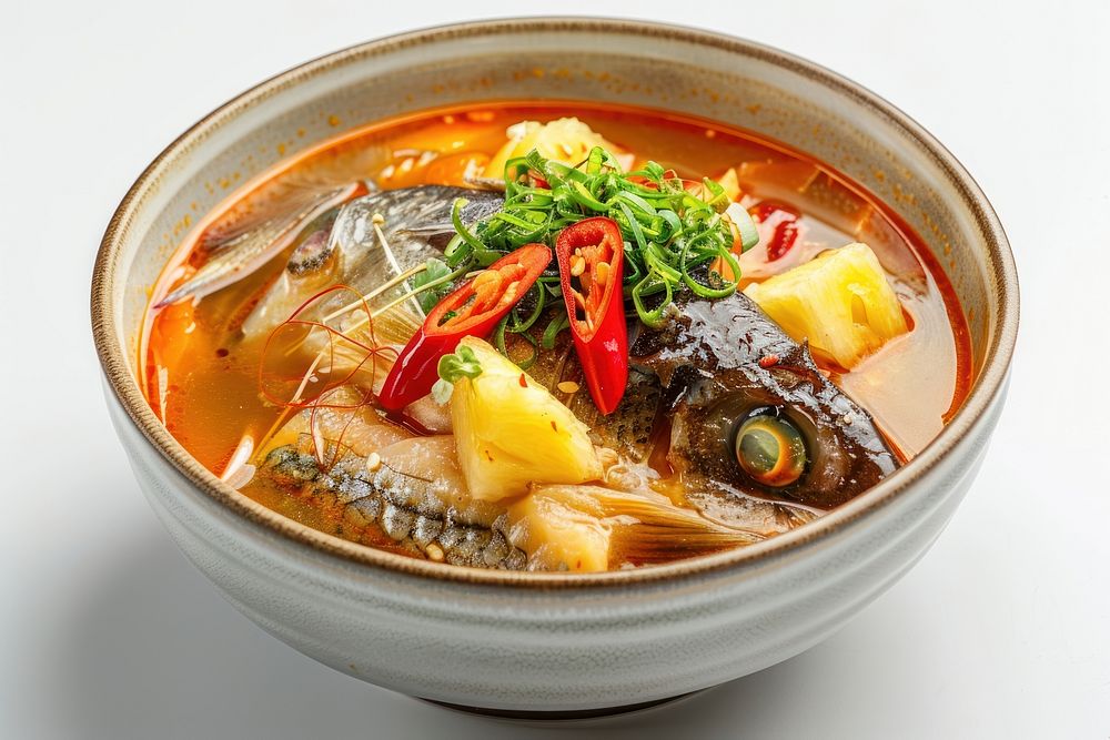 Fish soup with chilli adn pineapple food dish meal.