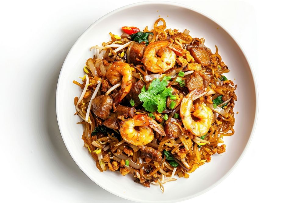 Fried rice noodles char kwat teow food produce plate.