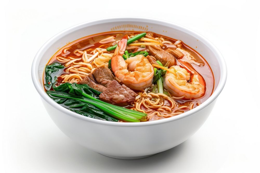 Pork shrimp noodles soup lam mee food bowl dish.