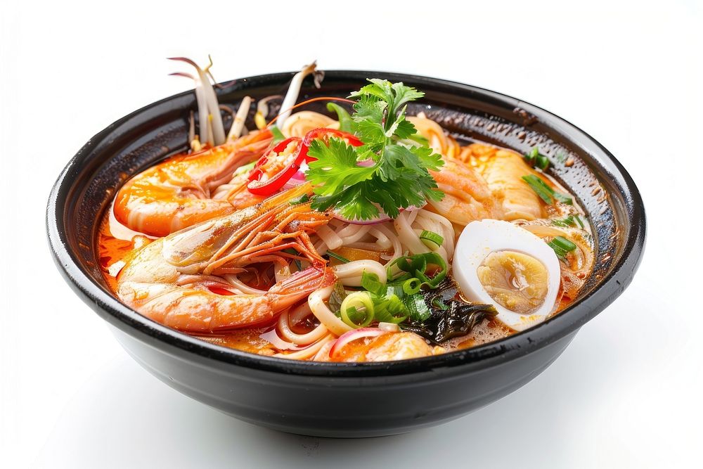 Seafood noodle soup laksa plate dish meal.