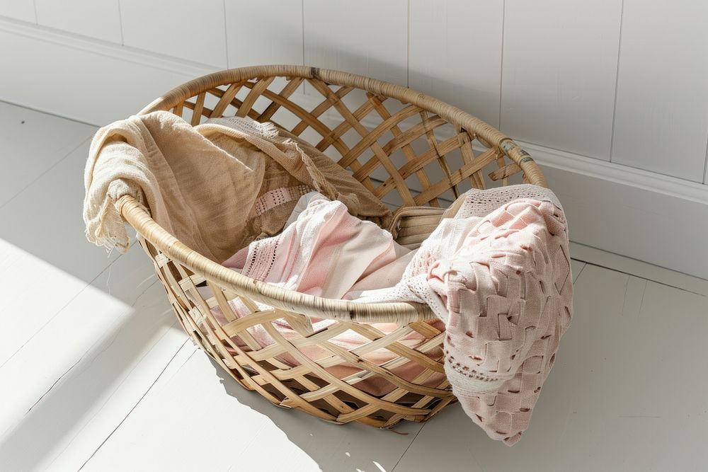 Wooden laundry basket lay on the floor with clothes furniture crib bed.