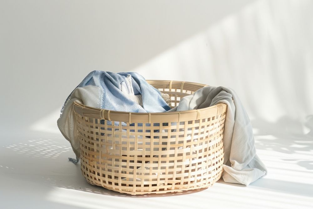 Wooden laundry basket lay on the floor with clothes furniture crib infant bed.