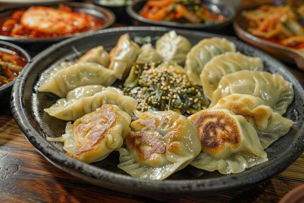 Korean Pork dumplings ravioli plate pasta.