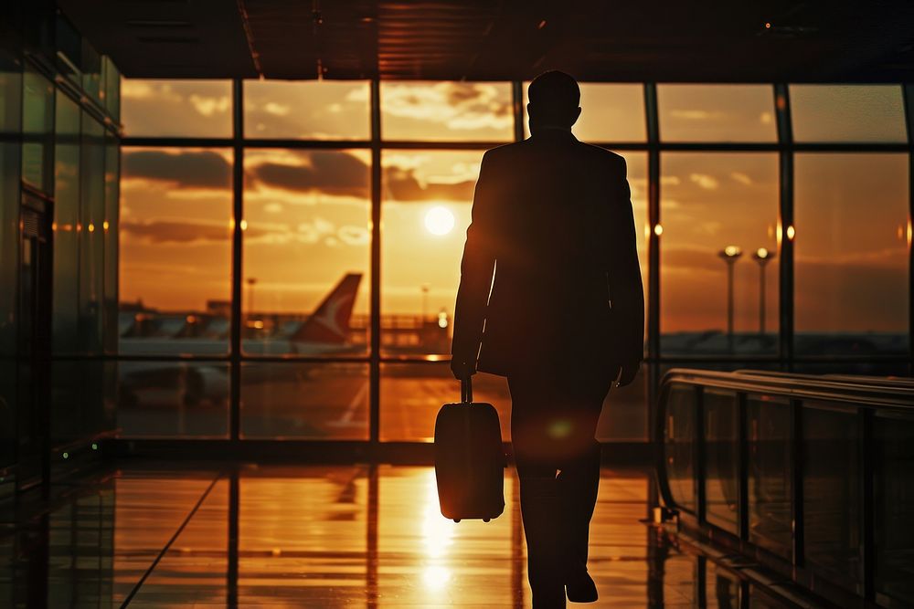 Silhouette guy business travel transportation backlighting aircraft.