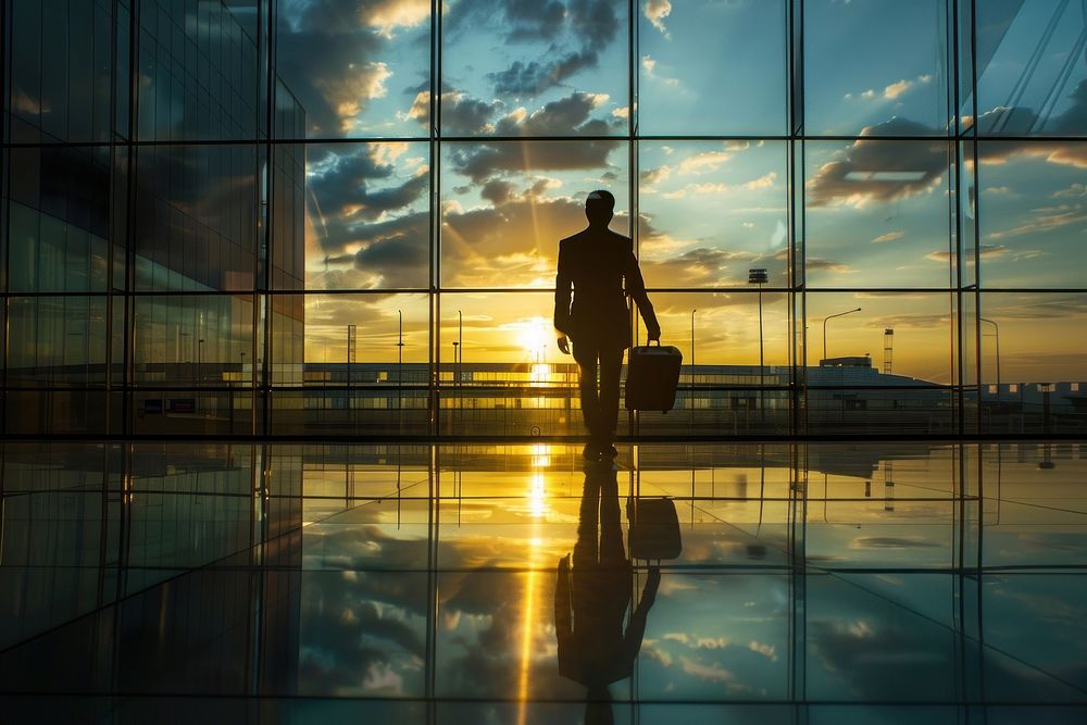 Silhouette guy corporate travel building background terminal airport person.
