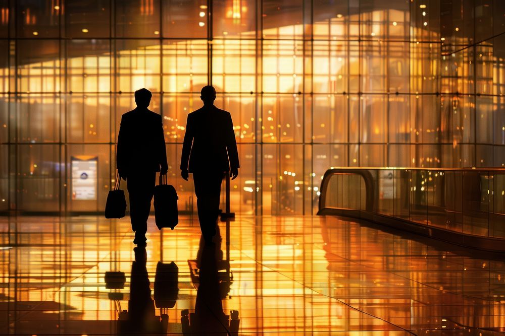 Silhouette guys corporate travel building background clothing terminal airport.