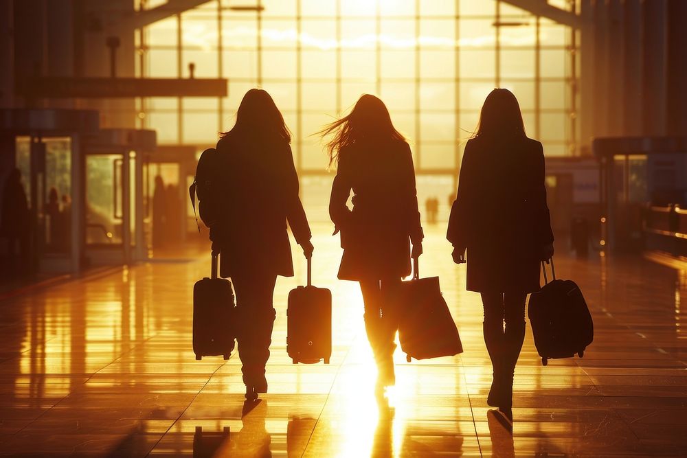 Silhouette three woman business travel backlighting accessories sweatshirt.