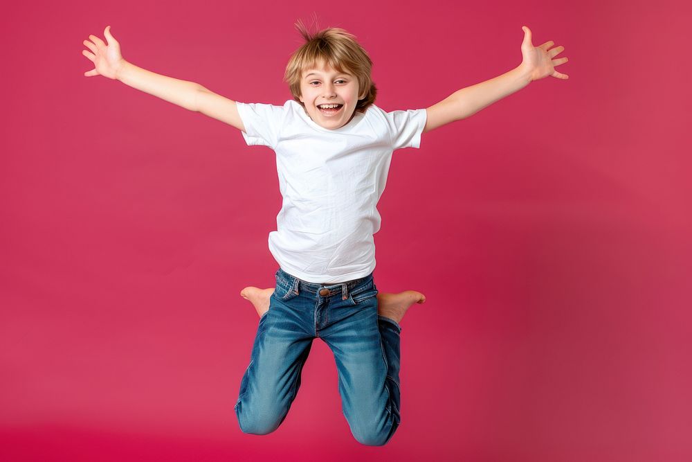 Happy teenager jumping triumphant person human.