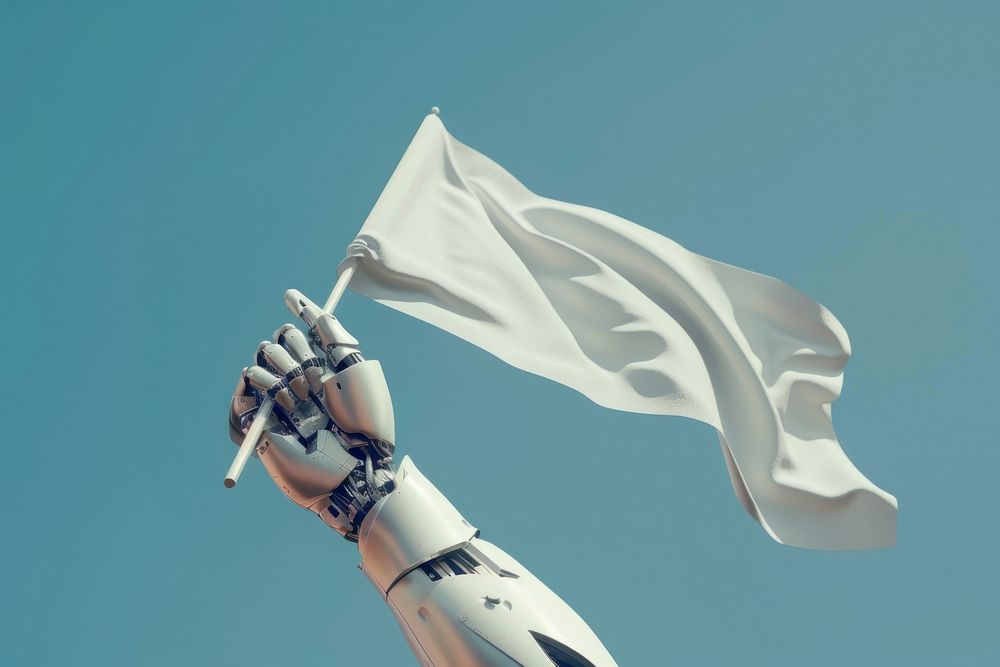 3d robot hand holding flag.