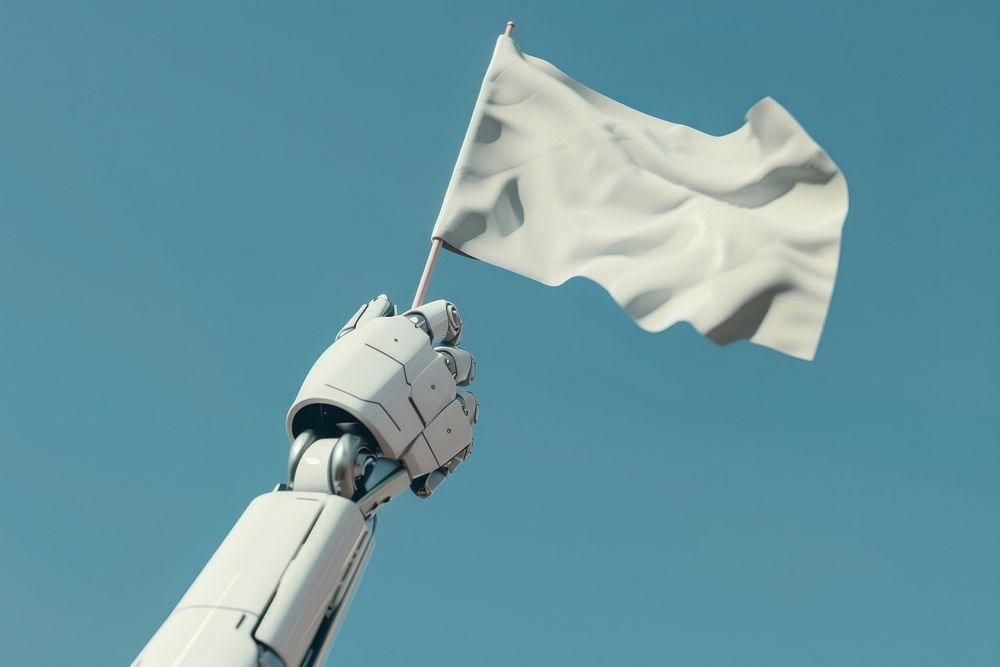 3d robot hand holding flag.