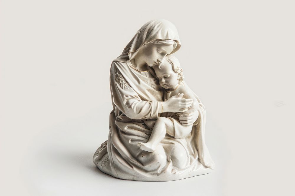 Mary and baby jesus statue sculpture figurine kneeling.