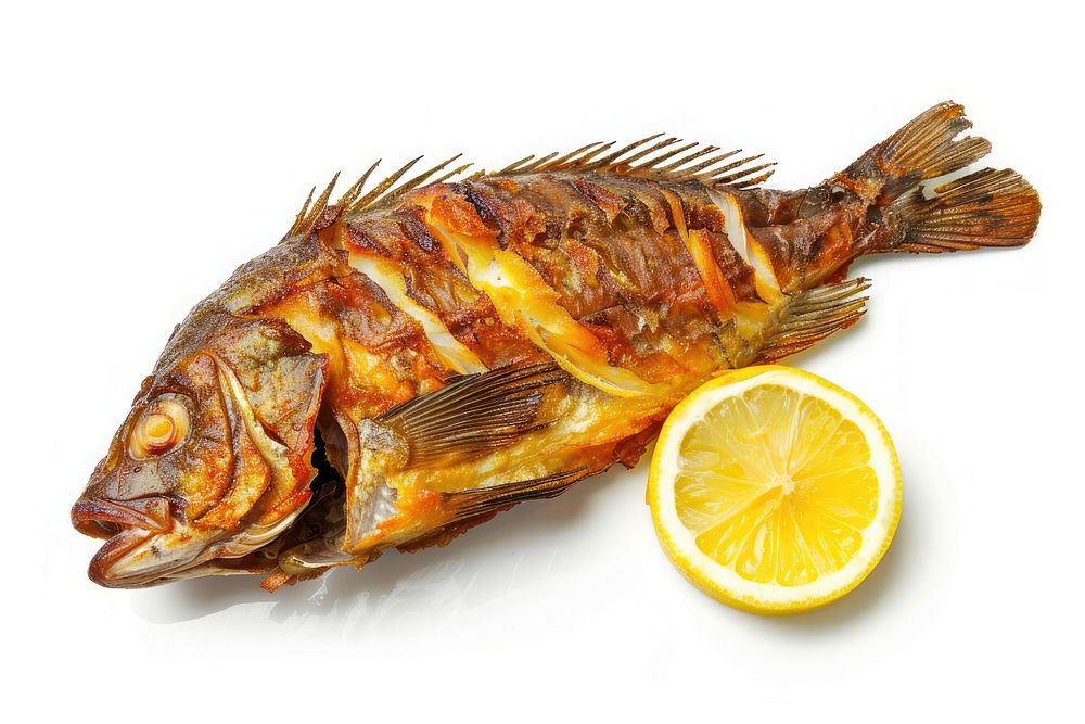 A fried fish and a slice of lemon produce animal fruit.