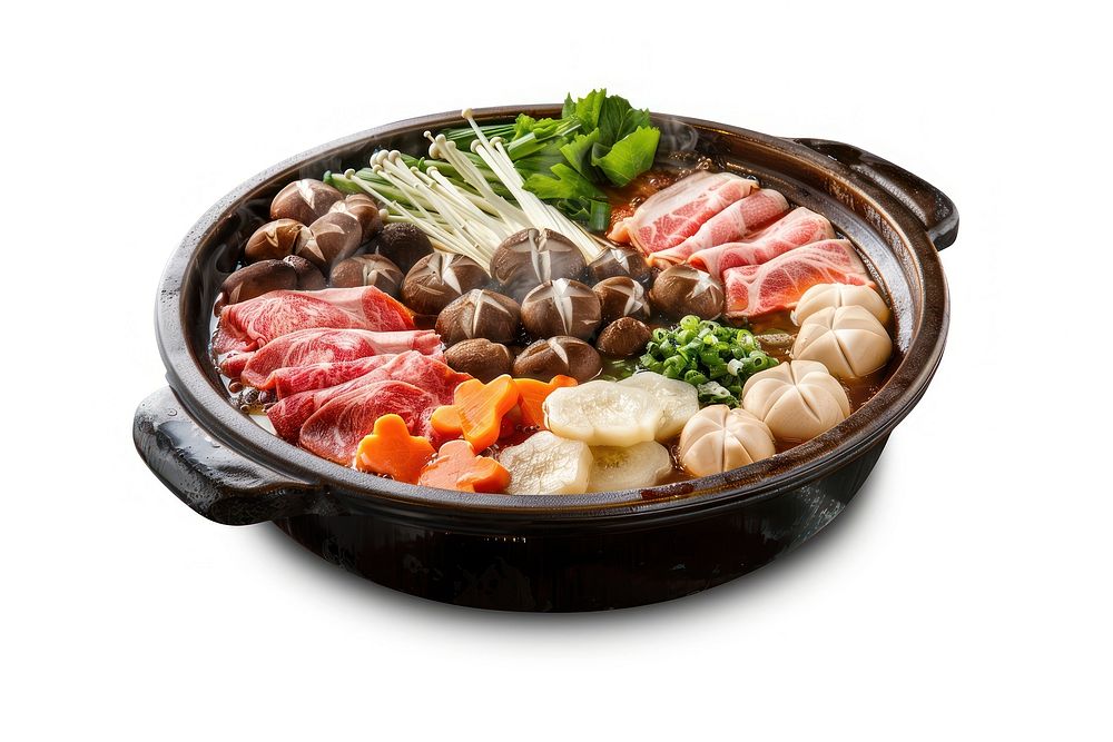 A traditional japanese hot pot cookware dish food.