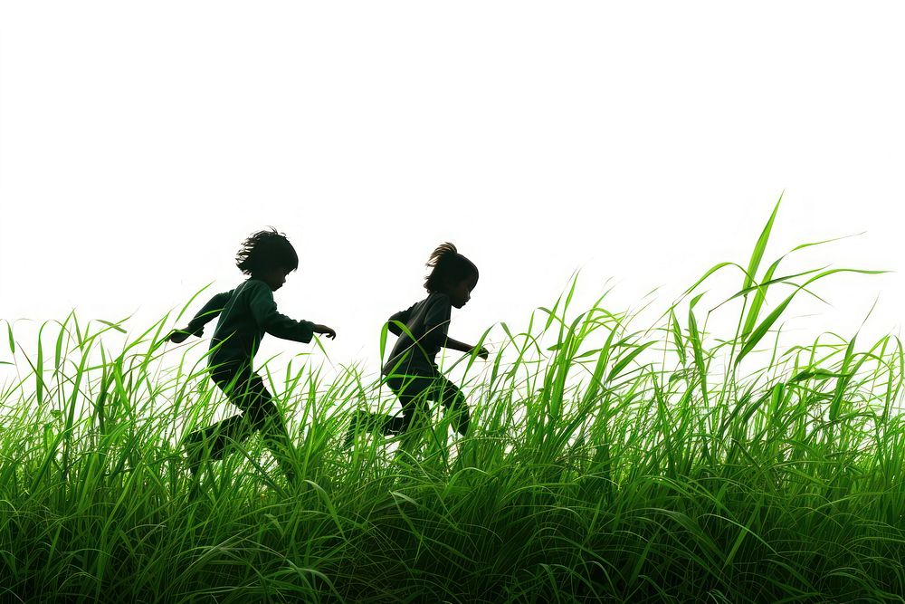 Children running through green grass vegetation clothing outdoors.