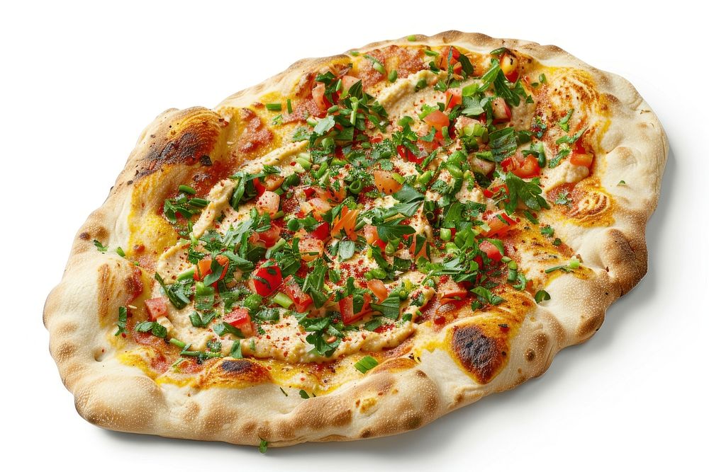Flatbread pizza with hummus food food presentation.