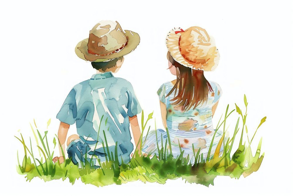 Boy and girl sitting on green grass gardening clothing outdoors.