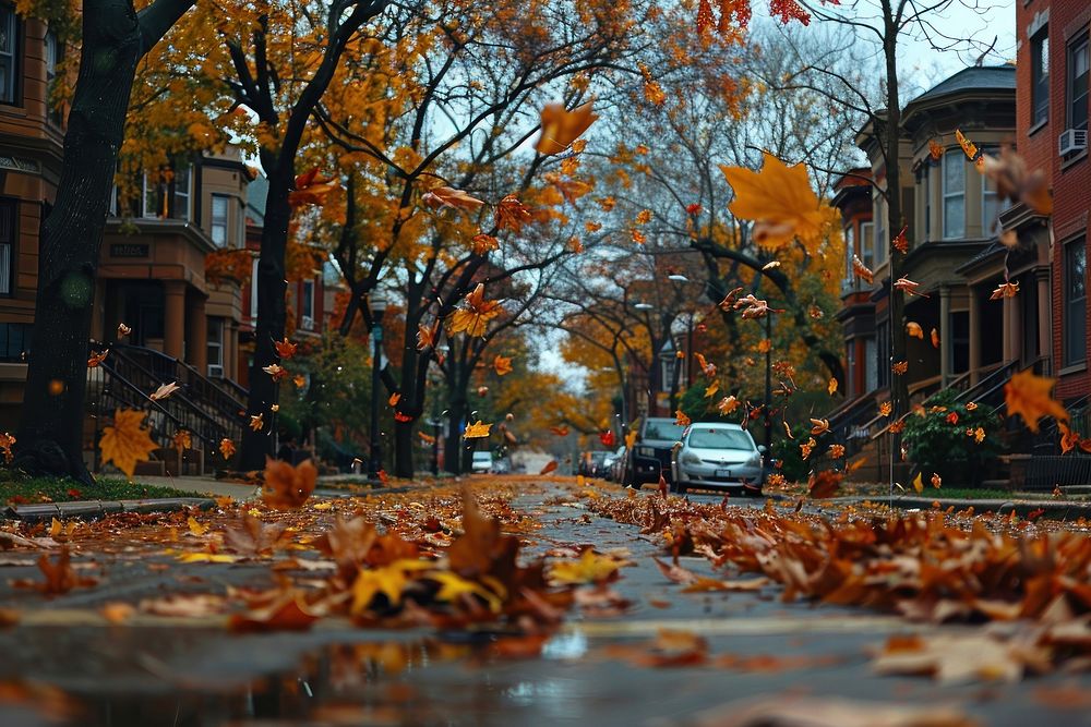 Autumn fall neighborhood transportation automobile.