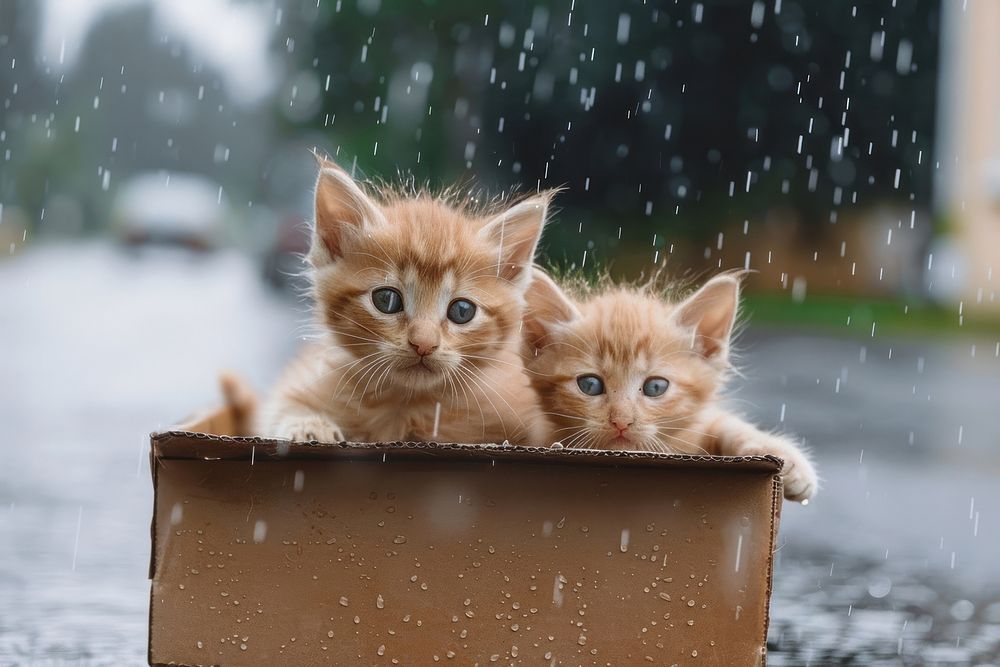 Kittens in cardboard box rain animal mammal.