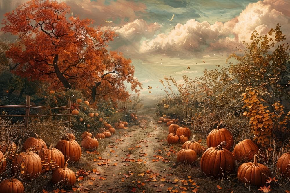 Pumpkin patch countryside vegetable painting.