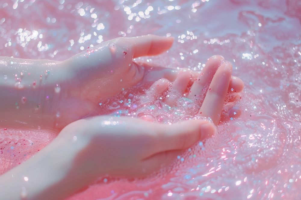 Two hands with a pink water with glistening glitter finger person adult.