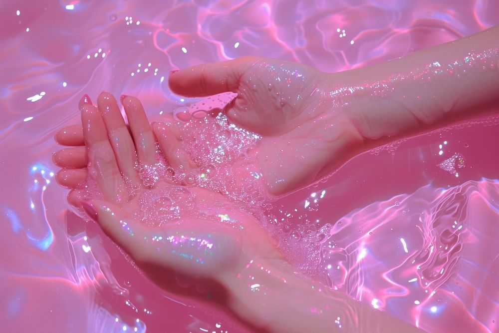 Two hands with a pink water with glistening glitter swimming bathtub washing.