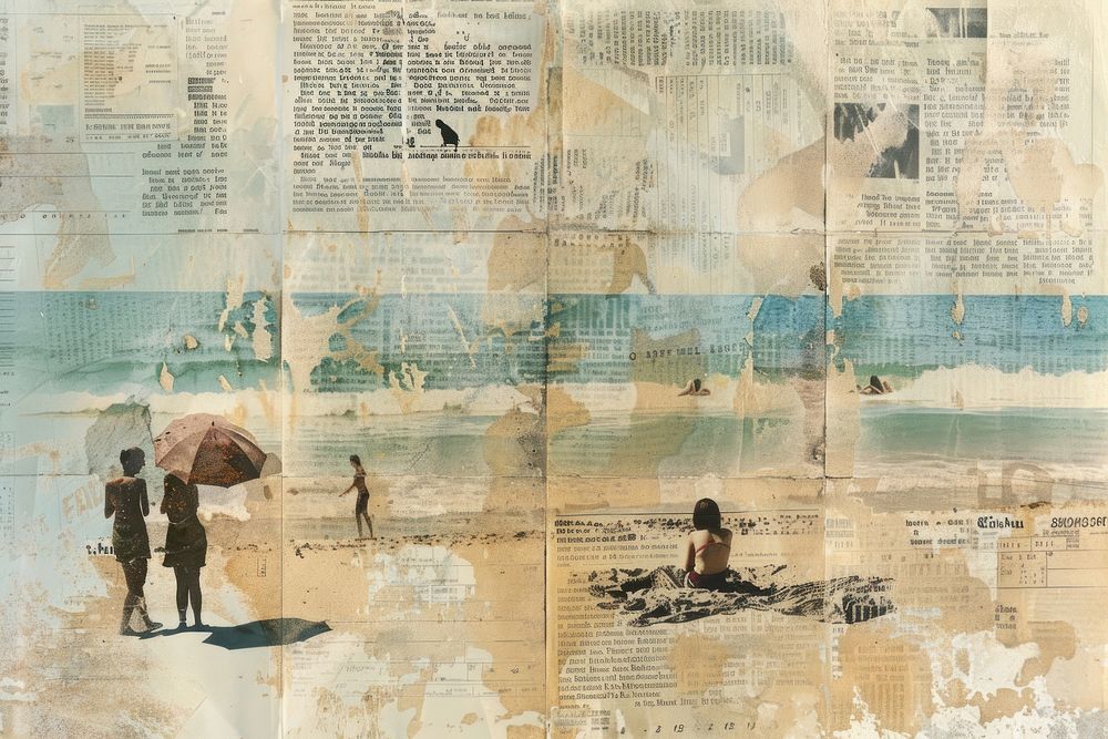 People beach sunbathing ephemera border newspaper collage drawing.