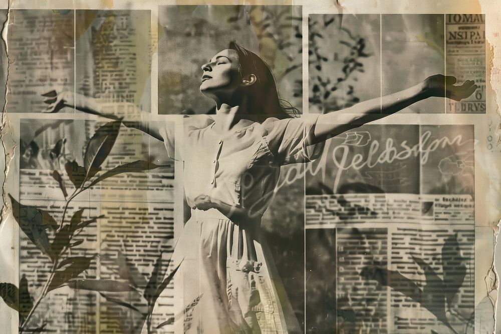 Woman arms stretched nature ephemera border newspaper text drawing.