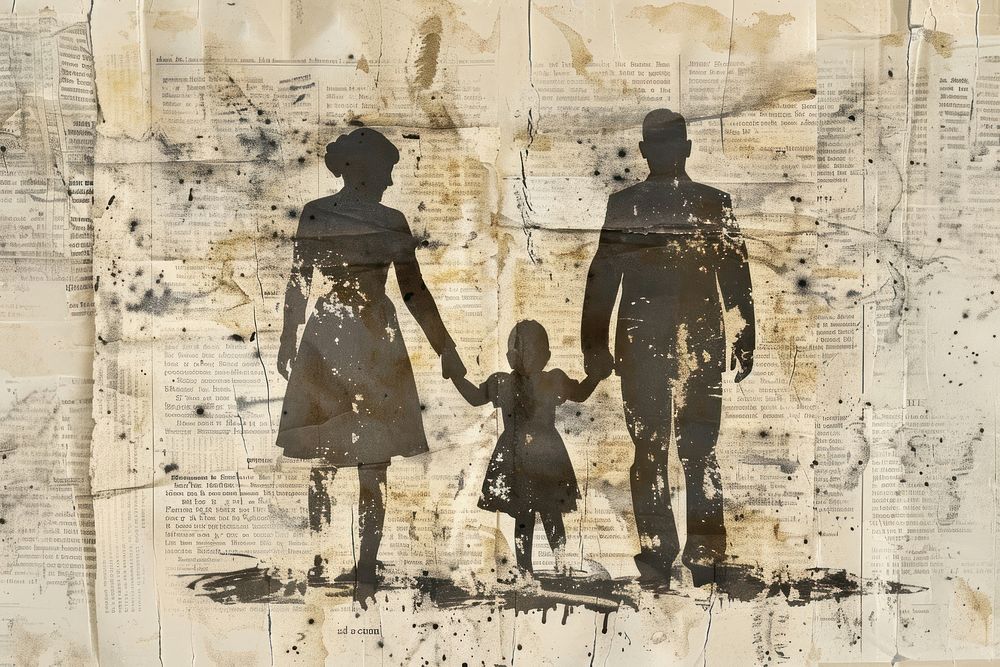Family holding hands ephemera border drawing collage adult.