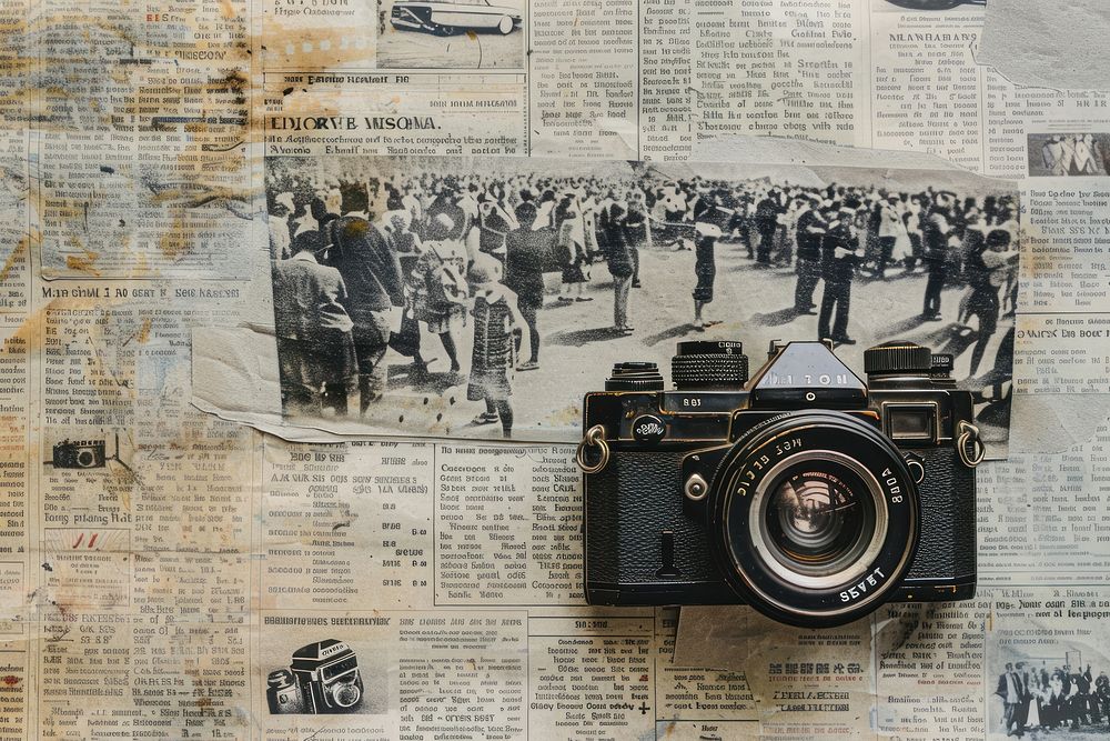 Vinatge camera with flash crowd ephemera border newspaper collage text.