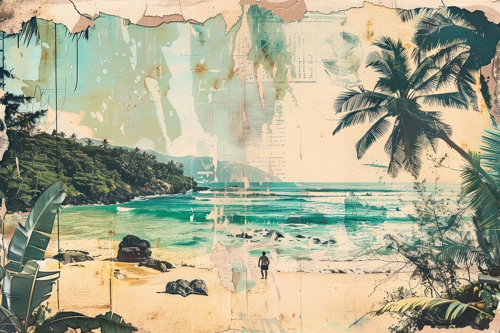 People tropical beach surf ephemera border outdoors painting collage.