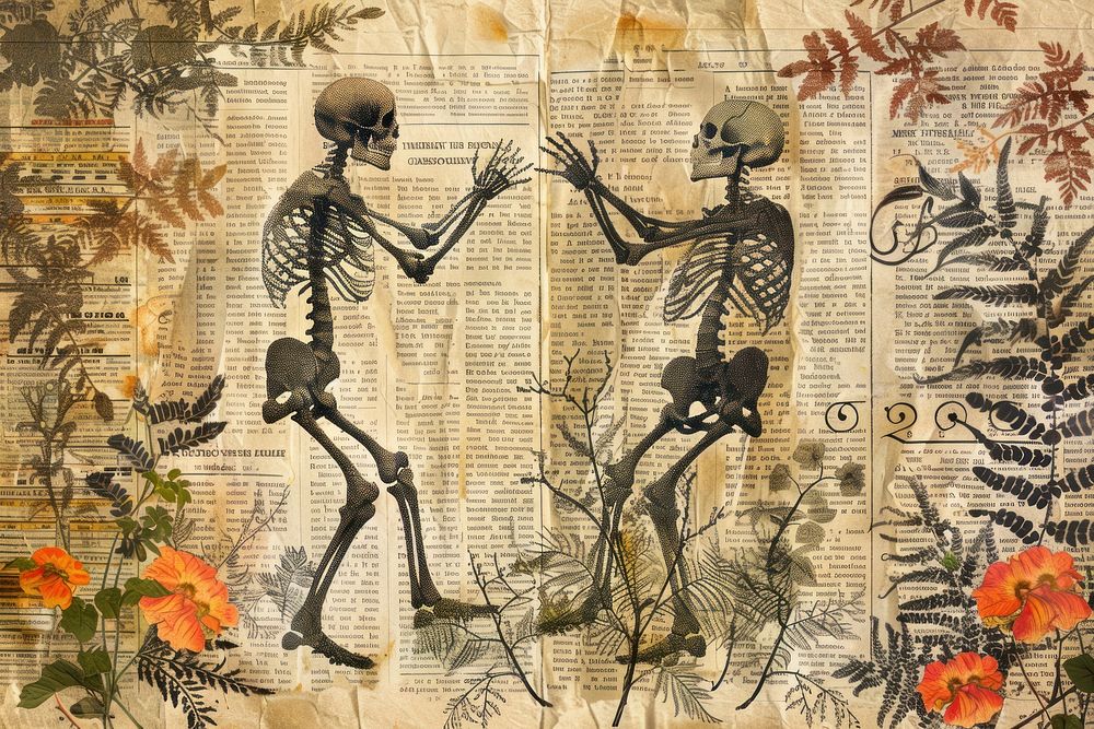 Skeletons dancing ephemera border drawing text art.