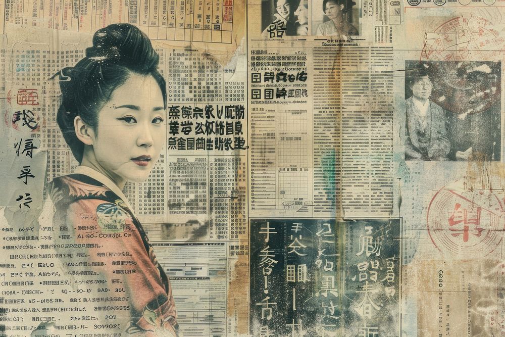 Asian business women ephemera border text newspaper collage.