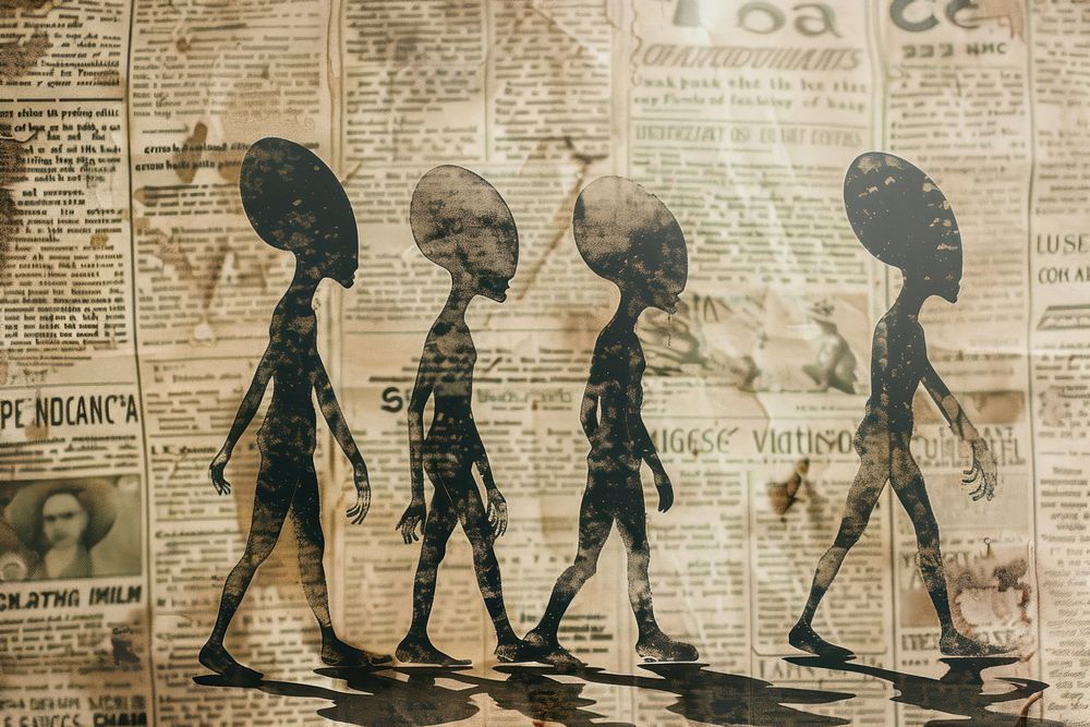 Aliens walking ephemera border newspaper drawing text.